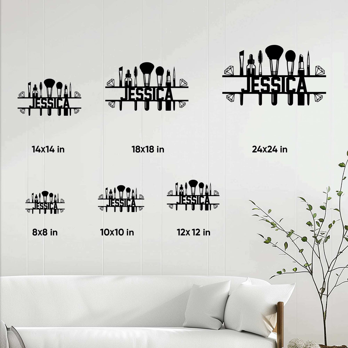 Makeup artist metal sign size guide showing available square sizes from 8x8 to 24x24 inches