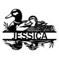 Custom duck metal sign featuring a pair of ducks resting among reeds and reflected water
