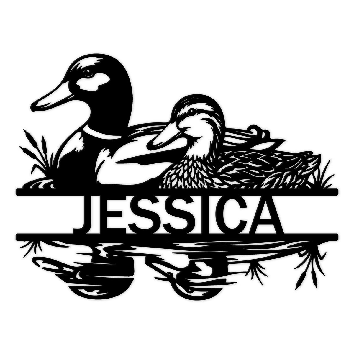 Custom duck metal sign featuring a pair of ducks resting among reeds and reflected water