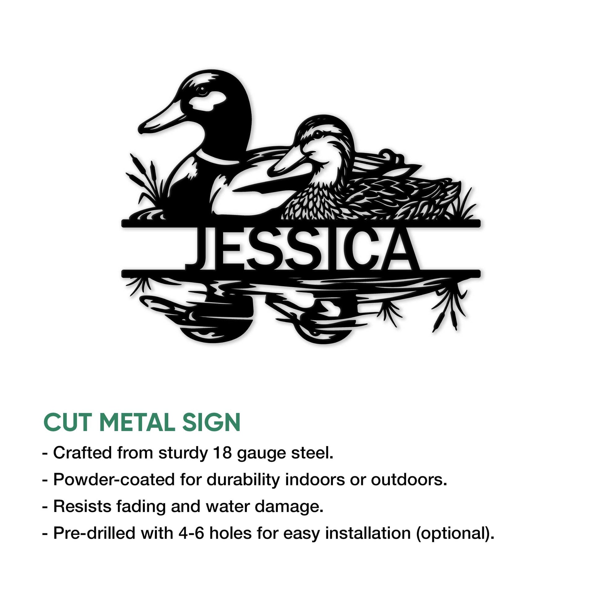 Duck metal sign product overview showing a pair of waterfowl and a cutout design