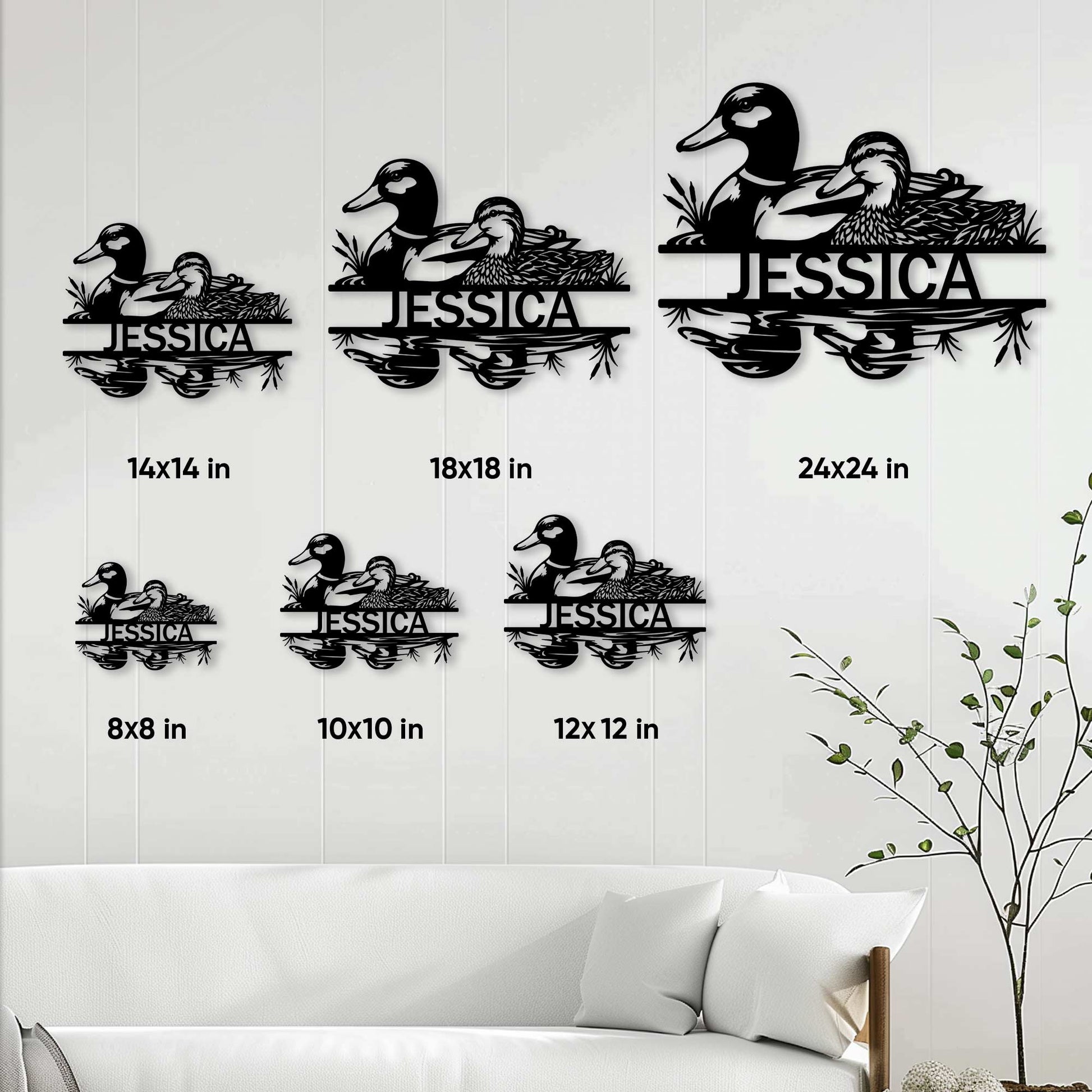 Duck metal sign size guide showing multiple square size options in a room setting