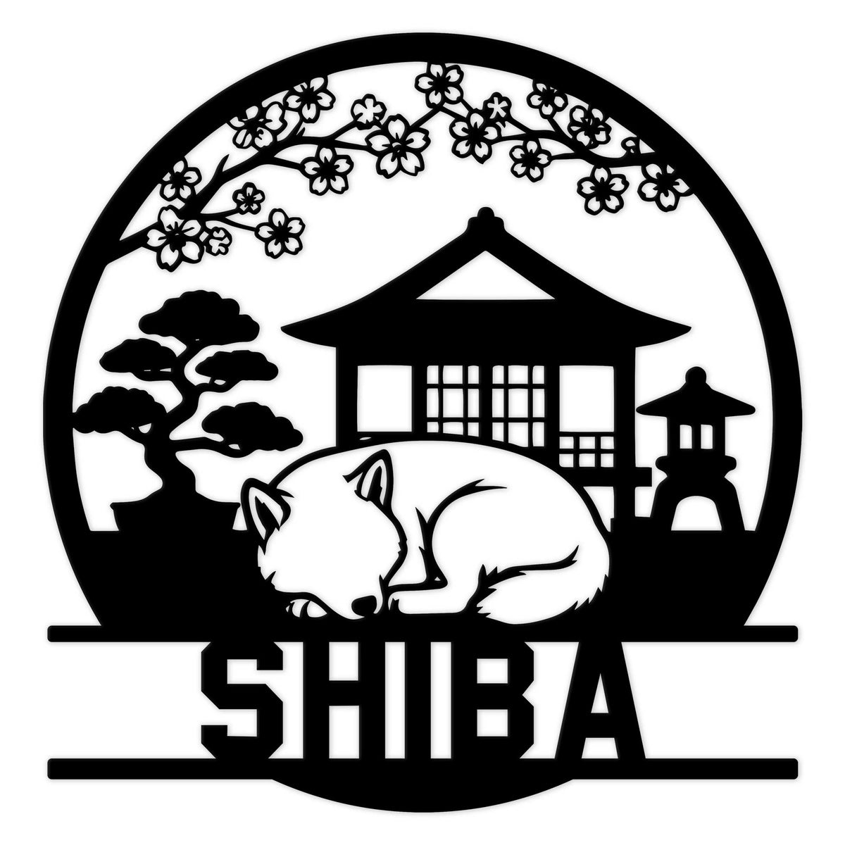 Shiba Inu metal sign featuring a sleeping dog in a Japanese garden scene with cherry blossoms and a pagoda