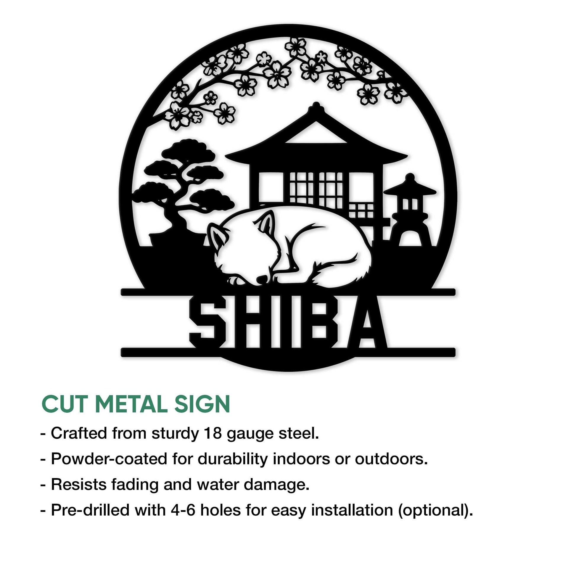 Cut metal Shiba Inu sign shown with a sleeping dog, bonsai tree, Japanese building, lantern, and blossom branches