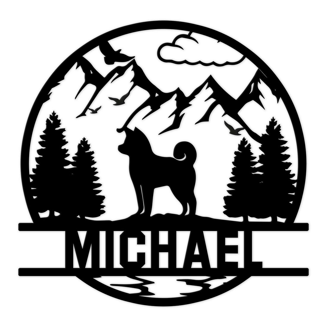 Shiba Inu silhouette metal sign featuring mountain peaks, pine trees, birds, and a bold circular landscape design