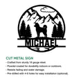 Shiba Inu mountain scene metal sign shown with a cut-metal product features infographic