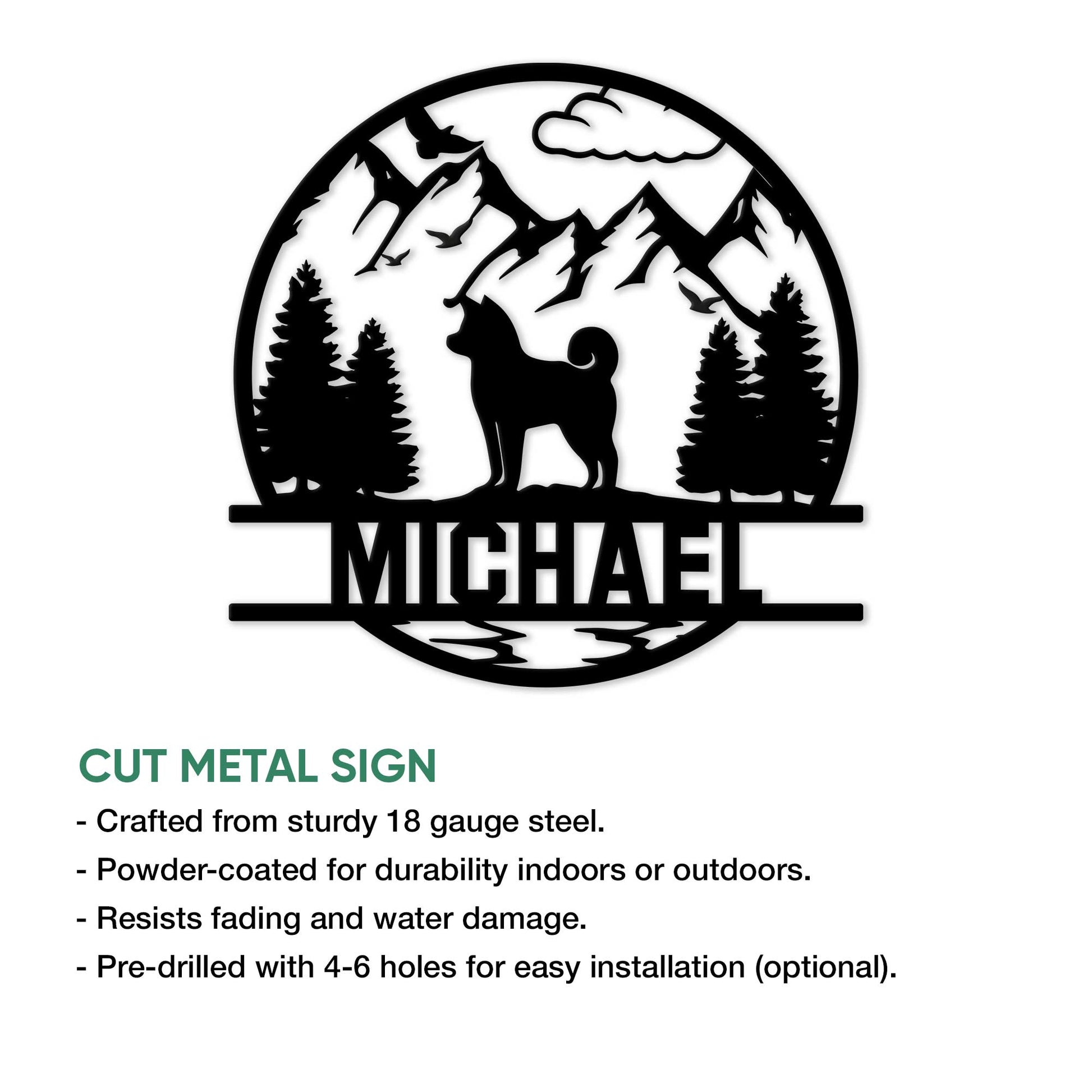 Shiba Inu mountain scene metal sign shown with a cut-metal product features infographic