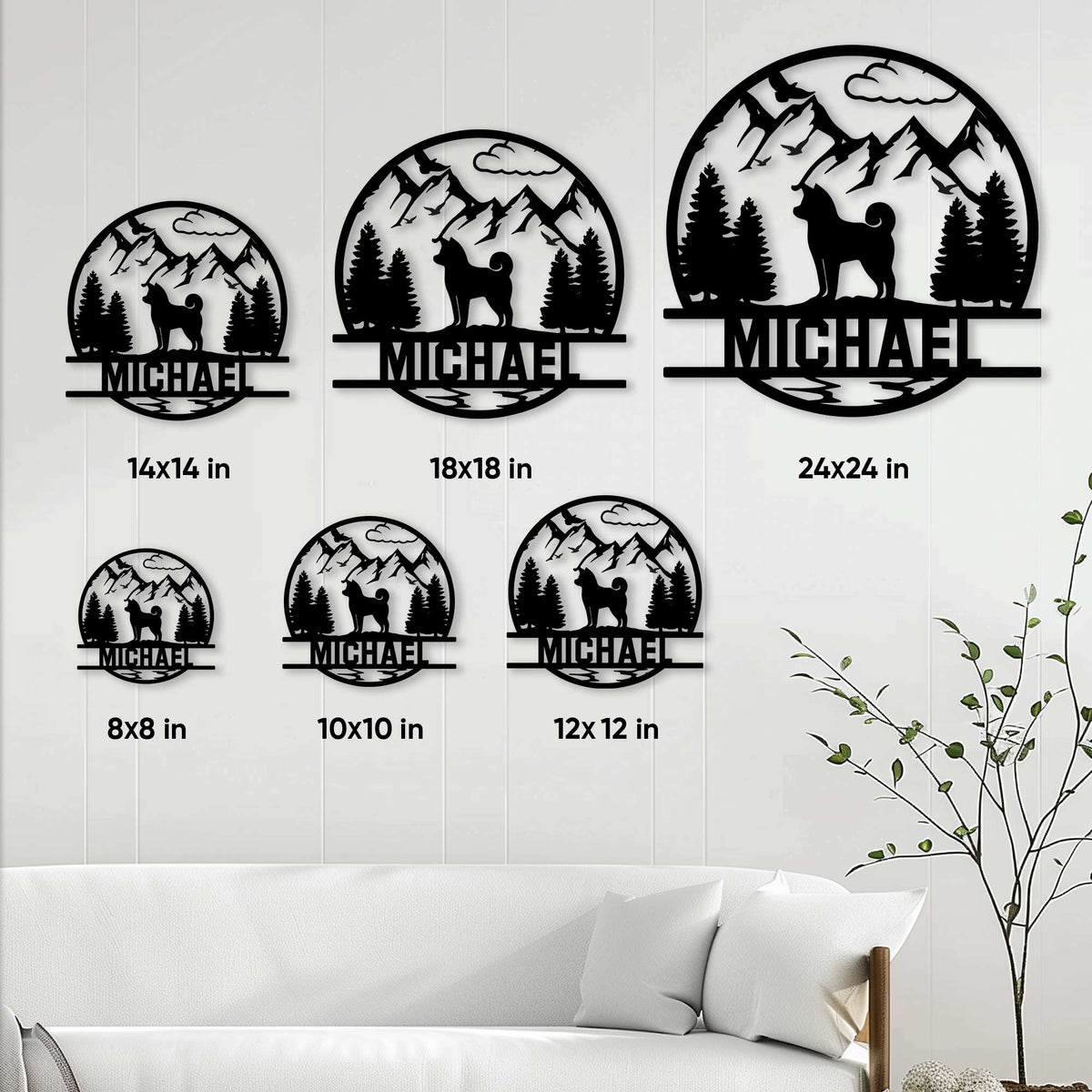 Shiba Inu metal sign size guide showing six available square sizes from 8 by 8 to 24 by 24 inches