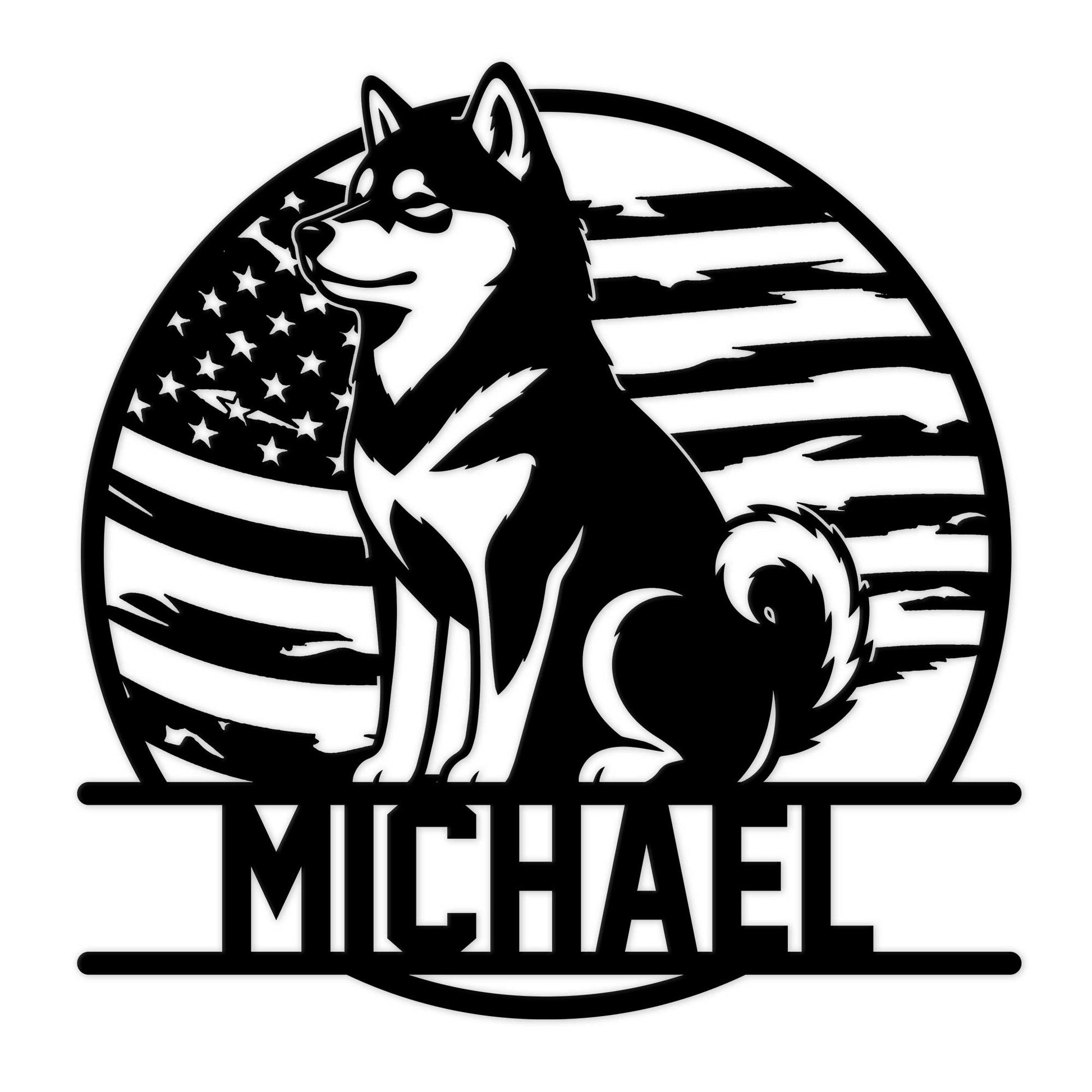 Patriotic Shiba Inu metal sign featuring a bold dog silhouette framed by a distressed American flag