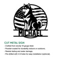 Patriotic Shiba Inu cut-metal sign shown with product feature details for indoor or outdoor display