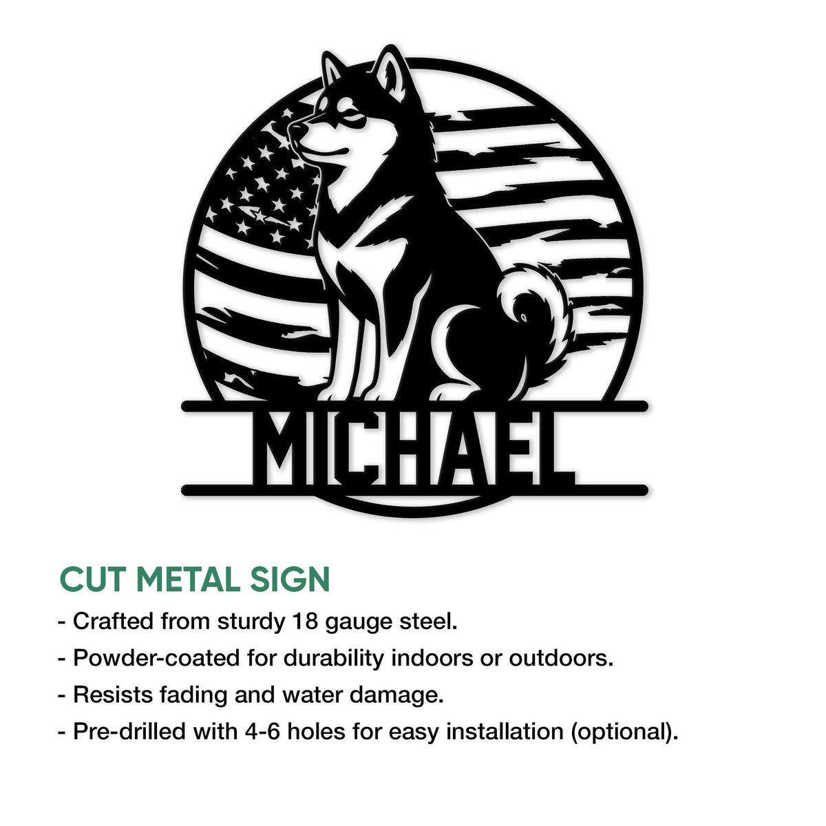 Patriotic Shiba Inu cut-metal sign shown with product feature details for indoor or outdoor display