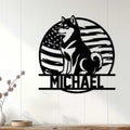 Shiba Inu American flag metal wall sign displayed on a bright white paneled interior wall