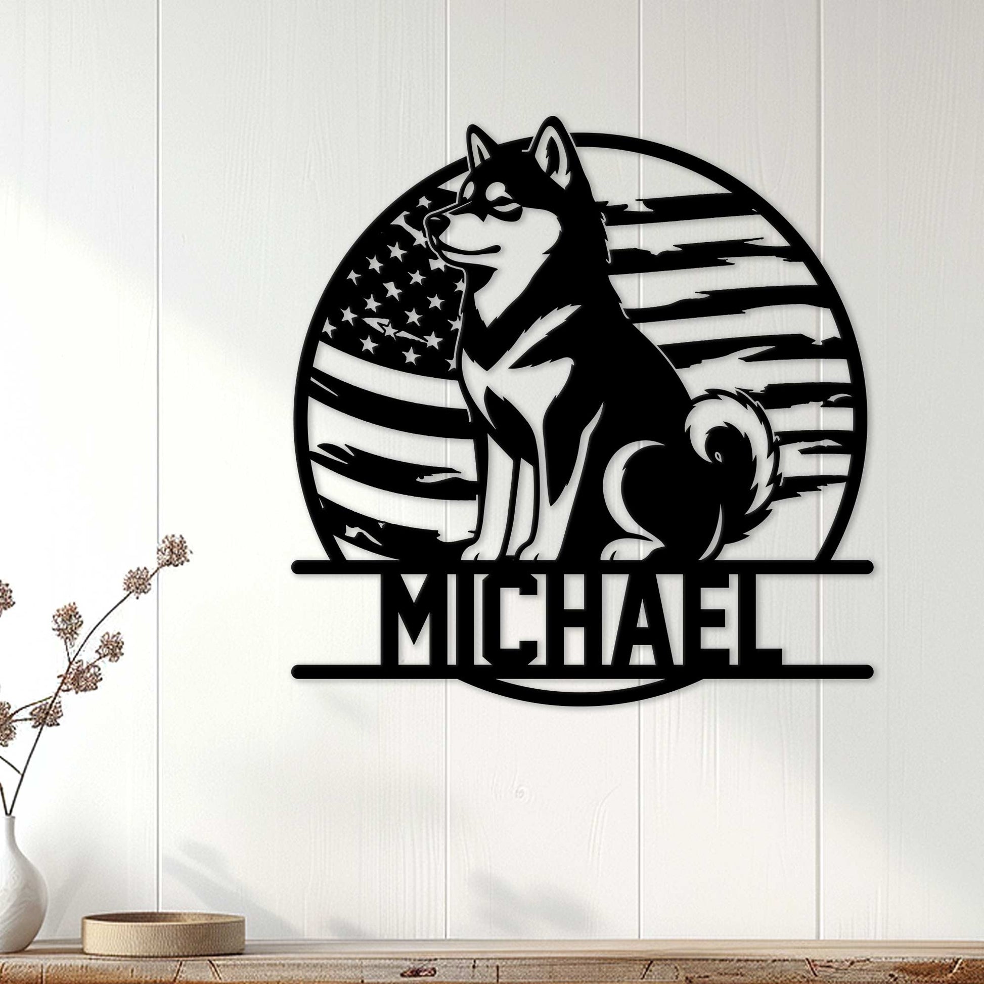 Shiba Inu American flag metal wall sign displayed on a bright white paneled interior wall