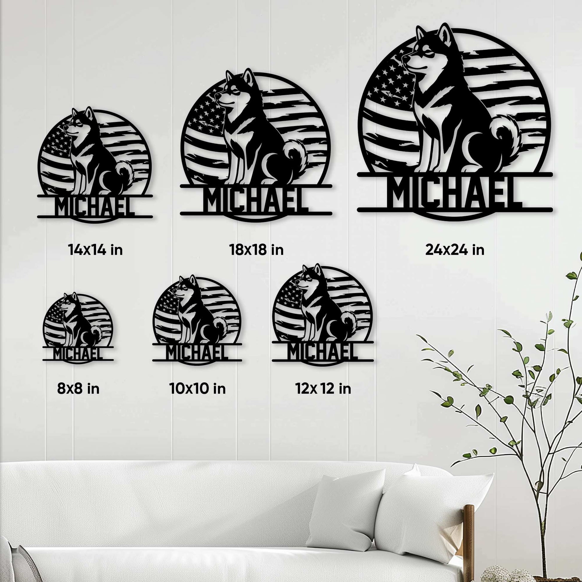 Shiba Inu patriotic metal sign shown in multiple size options on a living room wall