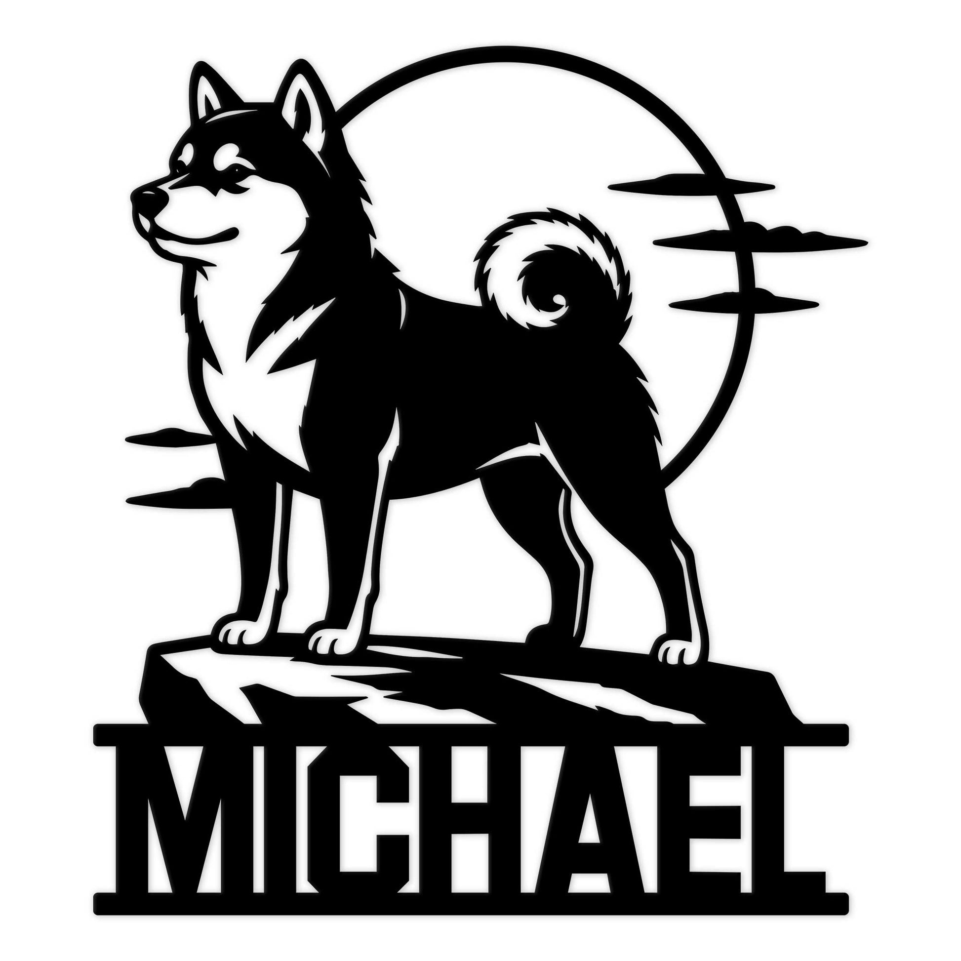 Black Shiba Inu silhouette metal sign with curled tail, mountain backdrop, and bold lower lettering