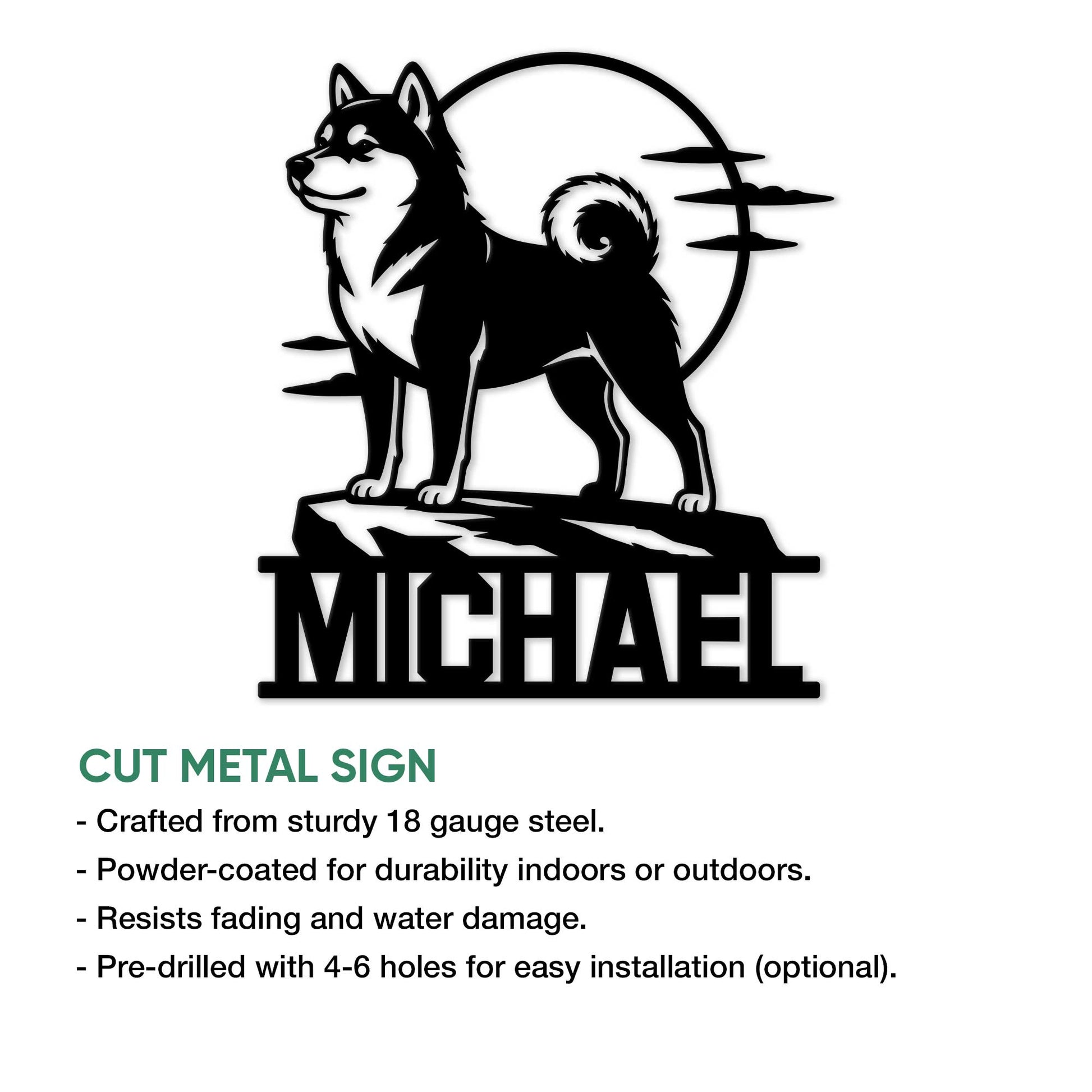 Shiba Inu metal sign shown as a cut steel wall decor design with a mountain scene