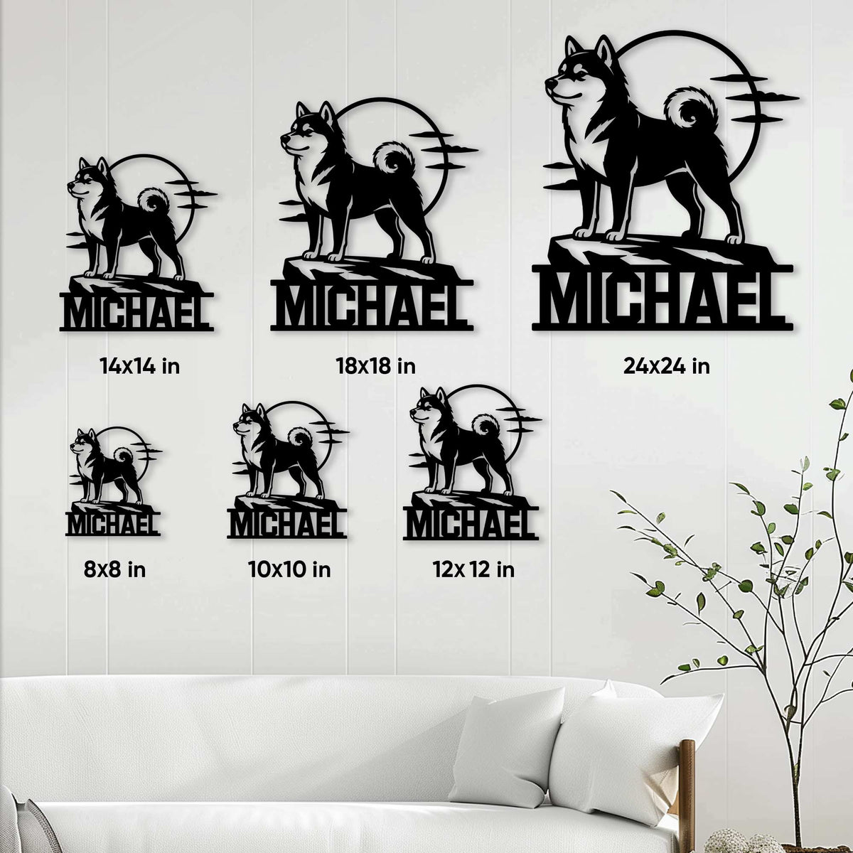 Shiba Inu metal sign size guide showing square options from 8x8 to 24x24 inches