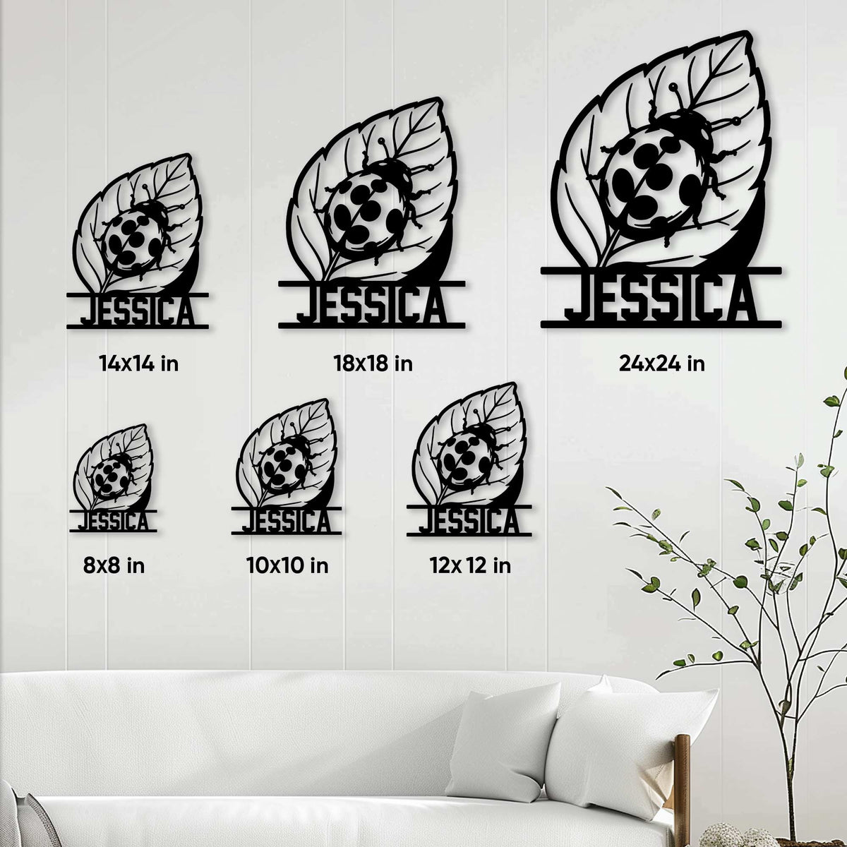 Ladybug metal sign size guide showing multiple square size options in a living room setting