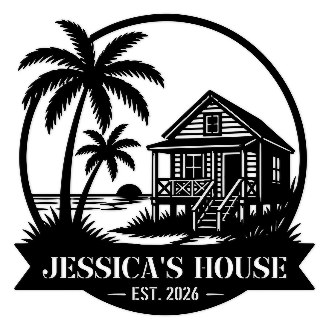 Custom beach house metal sign featuring a tropical bungalow, palm trees, shoreline, and sunset silhouette