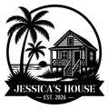 Custom beach house metal sign featuring a tropical bungalow, palm trees, shoreline, and sunset silhouette