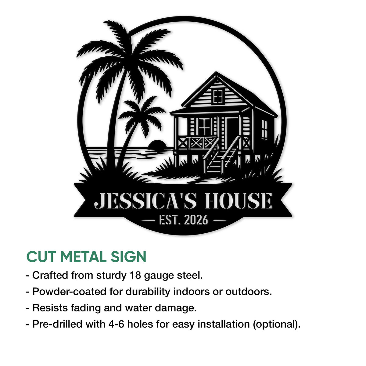 Cut metal beach house sign featuring a tropical bungalow scene with palm trees and coastal shoreline