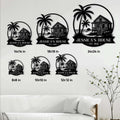 Beach house metal sign size guide showing six square size options in a styled room