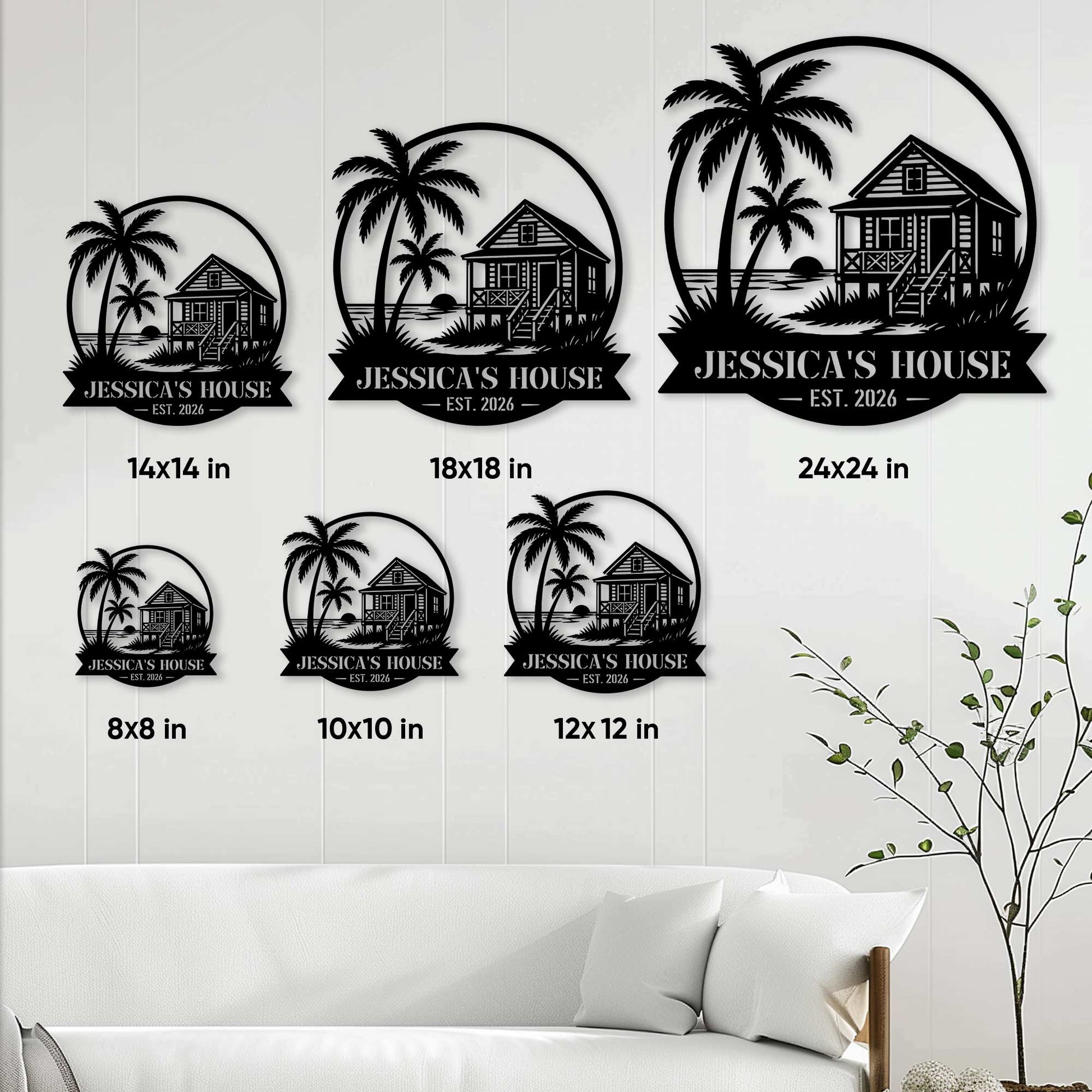 Beach house metal sign size guide showing six square size options in a styled room