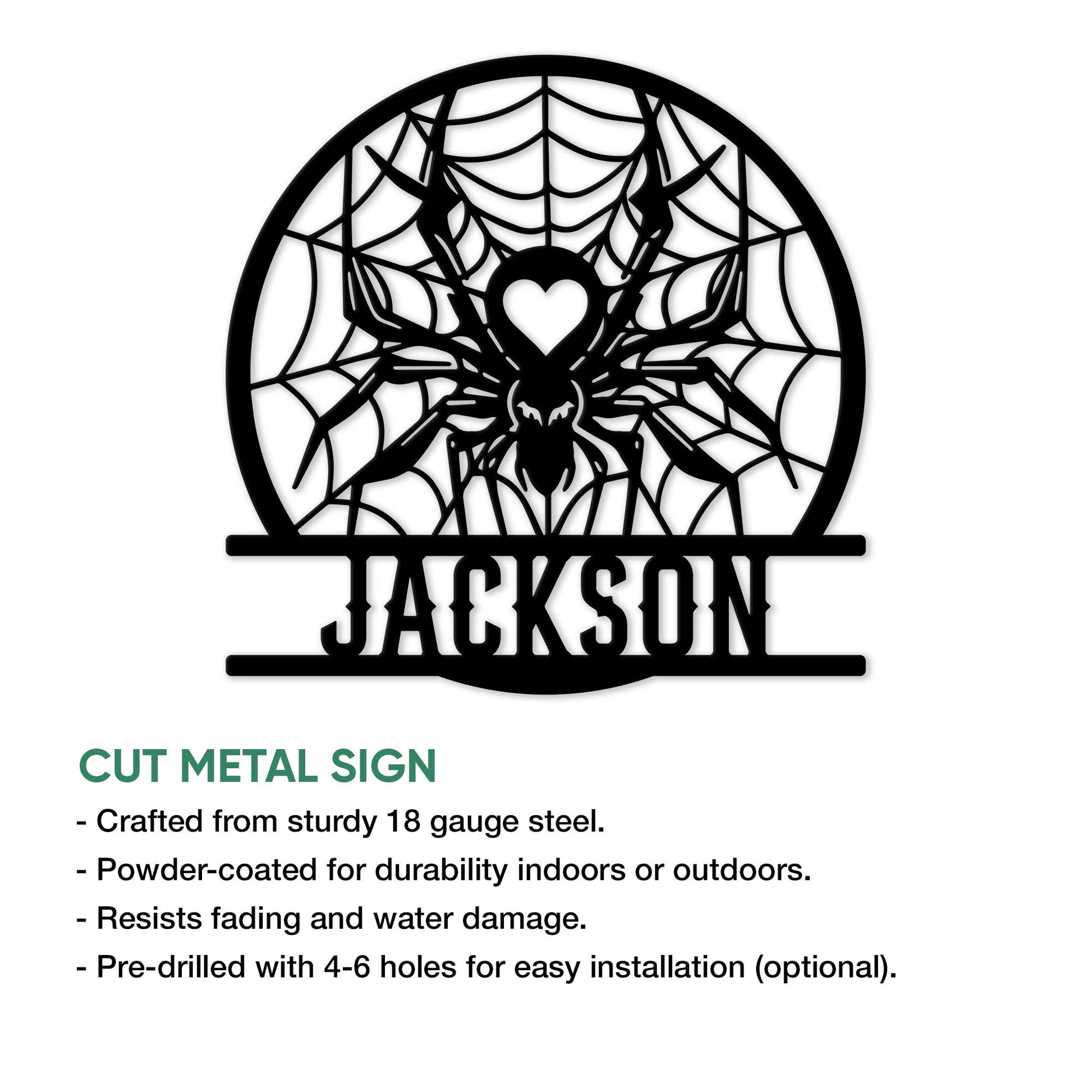 Spider metal sign feature graphic showing the web-and-heart artwork in a cut metal sign design
