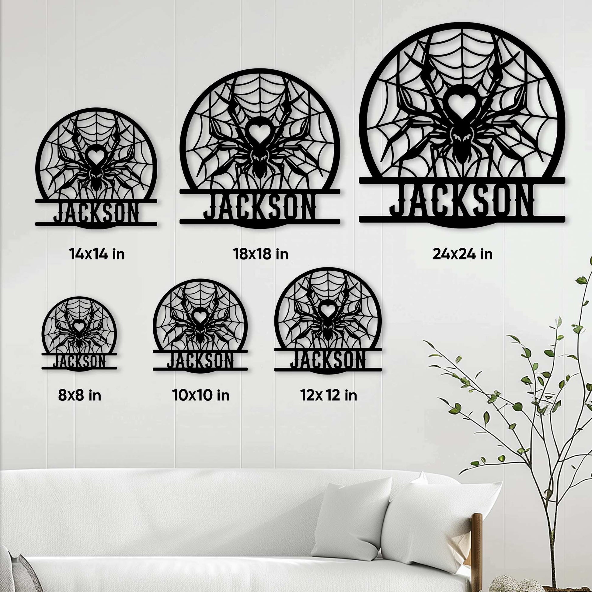 Spider metal sign size guide showing multiple round sign sizes displayed together on a wall
