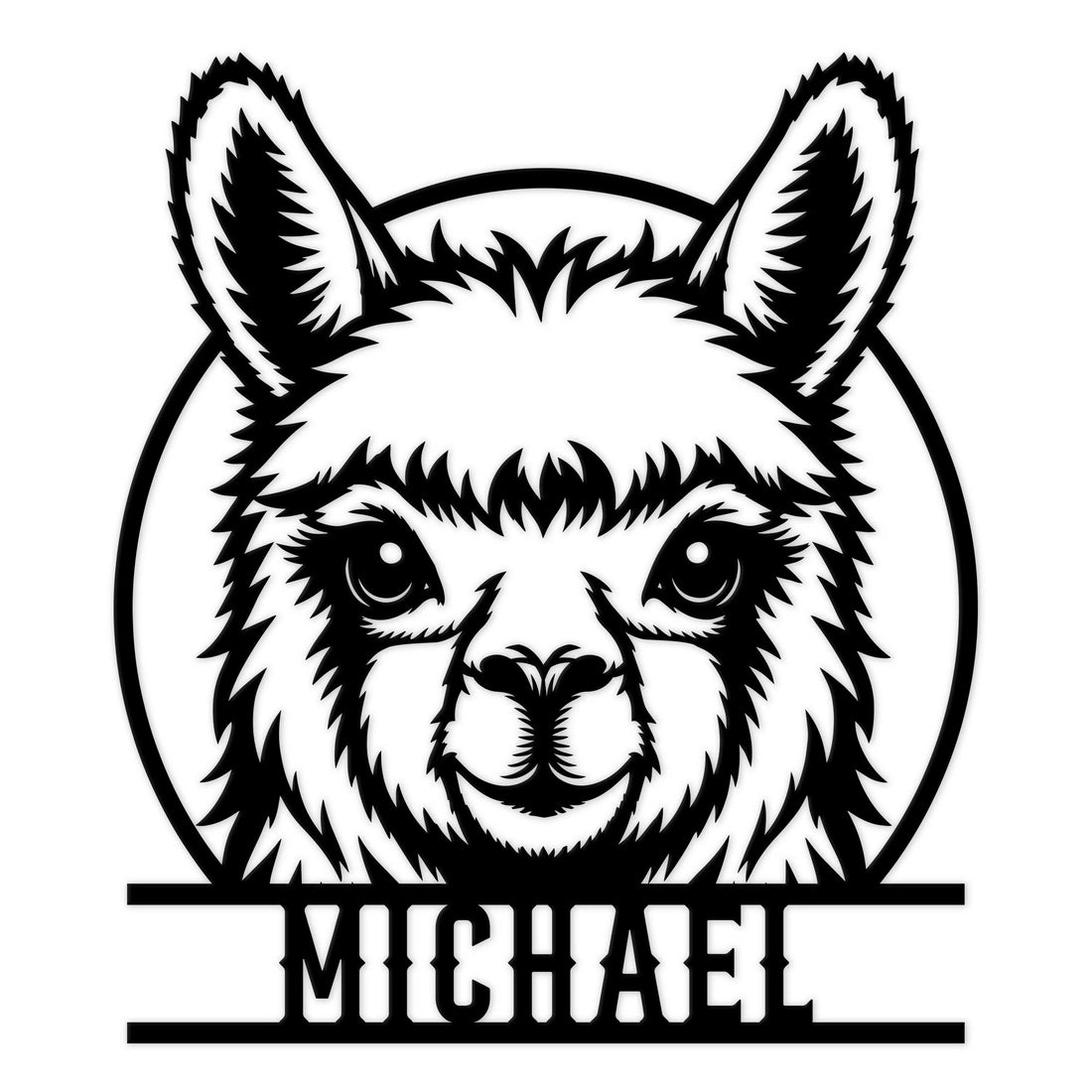 Bold black-and-white llama portrait metal sign with circular frame and custom design