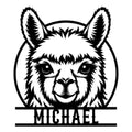 Bold black-and-white llama portrait metal sign with circular frame and custom design