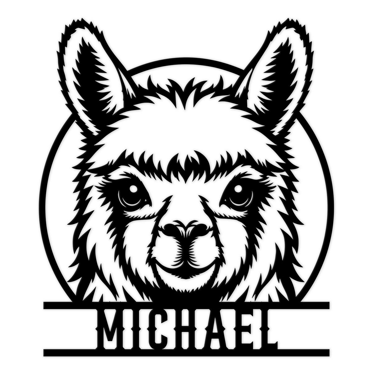 Bold black-and-white llama portrait metal sign with circular frame and custom design