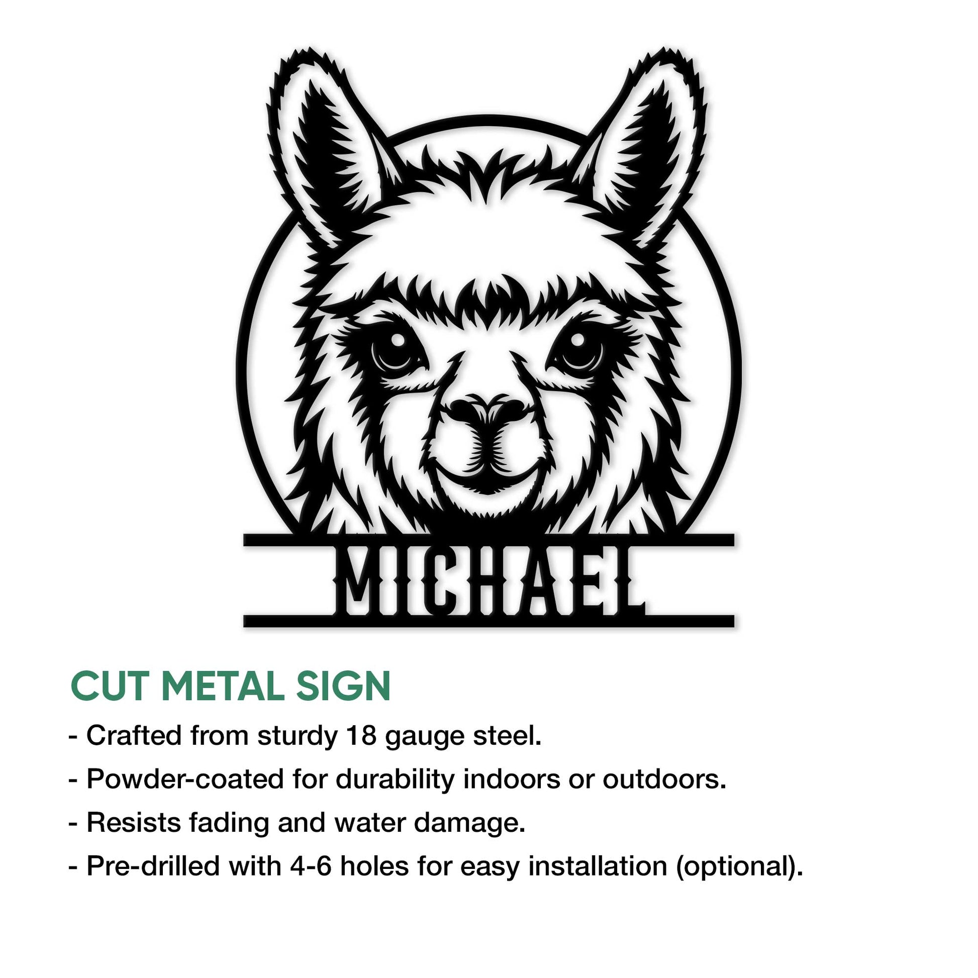 Llama cut metal sign feature graphic displaying the detailed animal portrait design