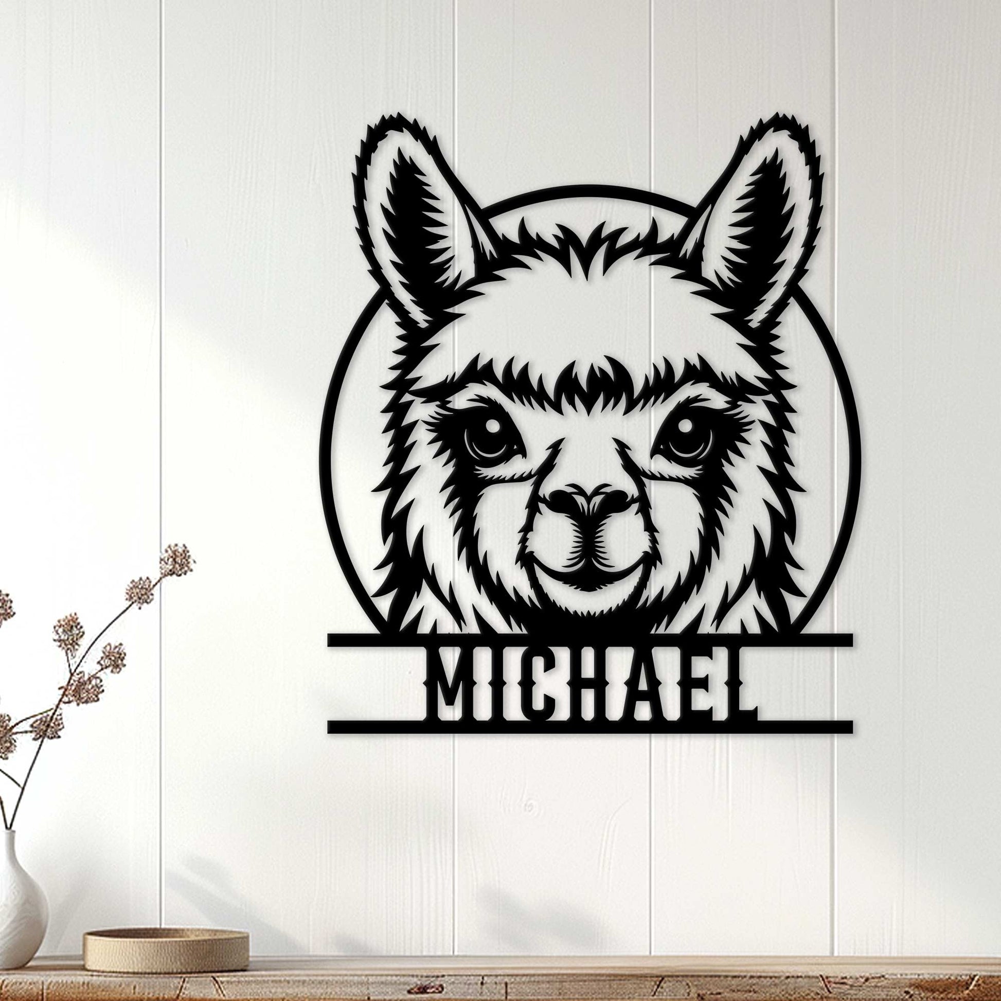 Custom llama metal wall sign displayed on a light wood-paneled home interior wall