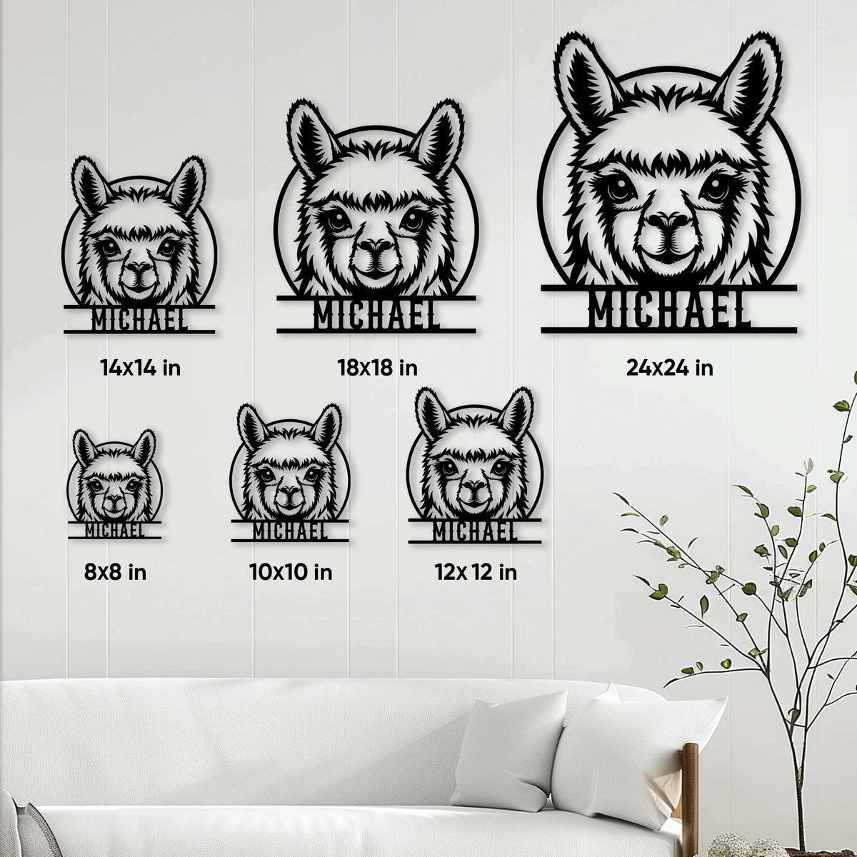 Llama metal sign size guide showing available square sizes from 8 by 8 to 24 by 24 inches