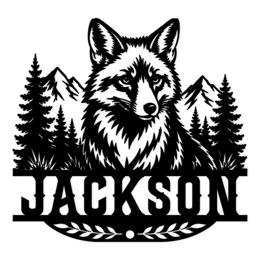 Custom fox metal sign featuring a bold woodland fox portrait framed by pine trees and mountain peaks