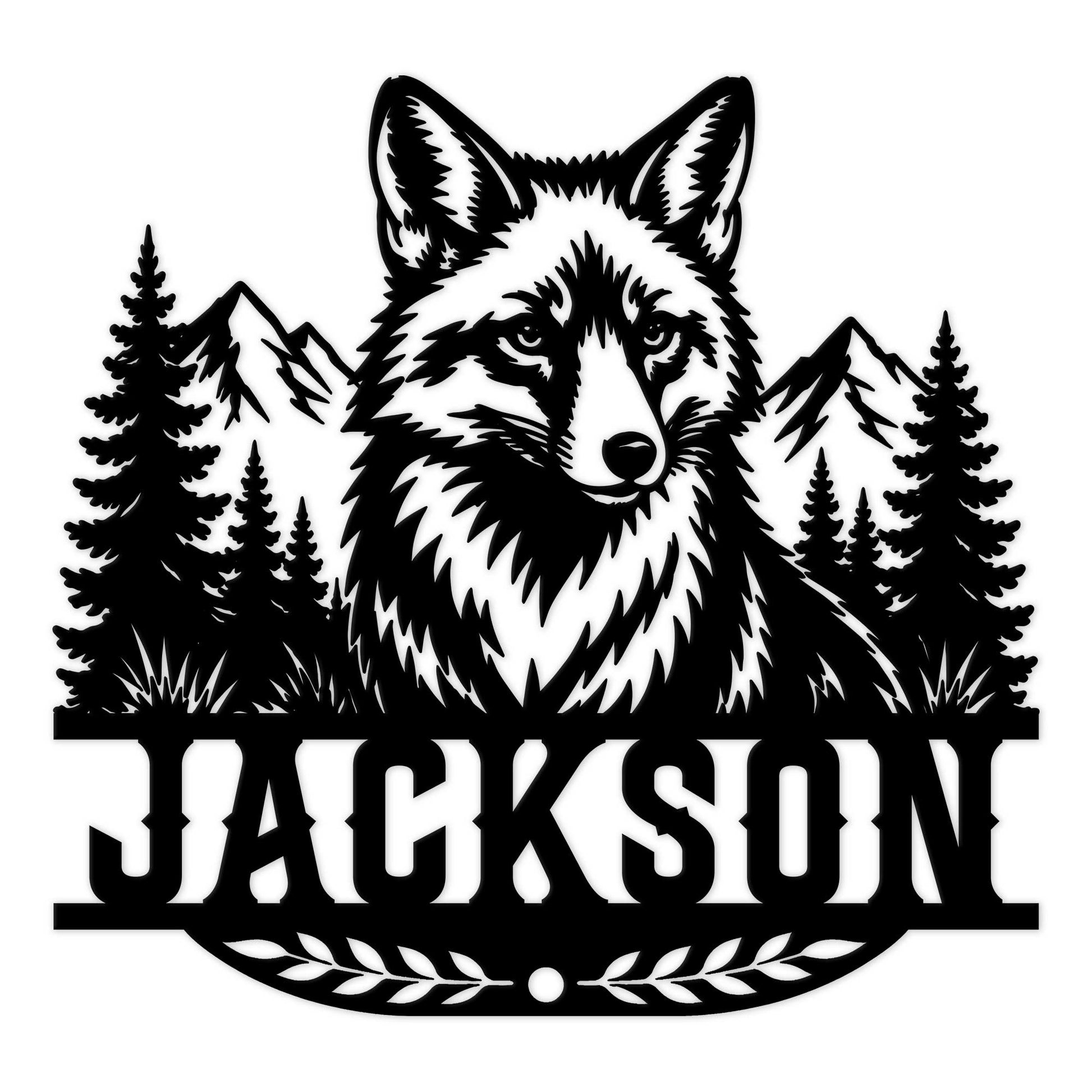 Custom fox metal sign featuring a bold woodland fox portrait framed by pine trees and mountain peaks