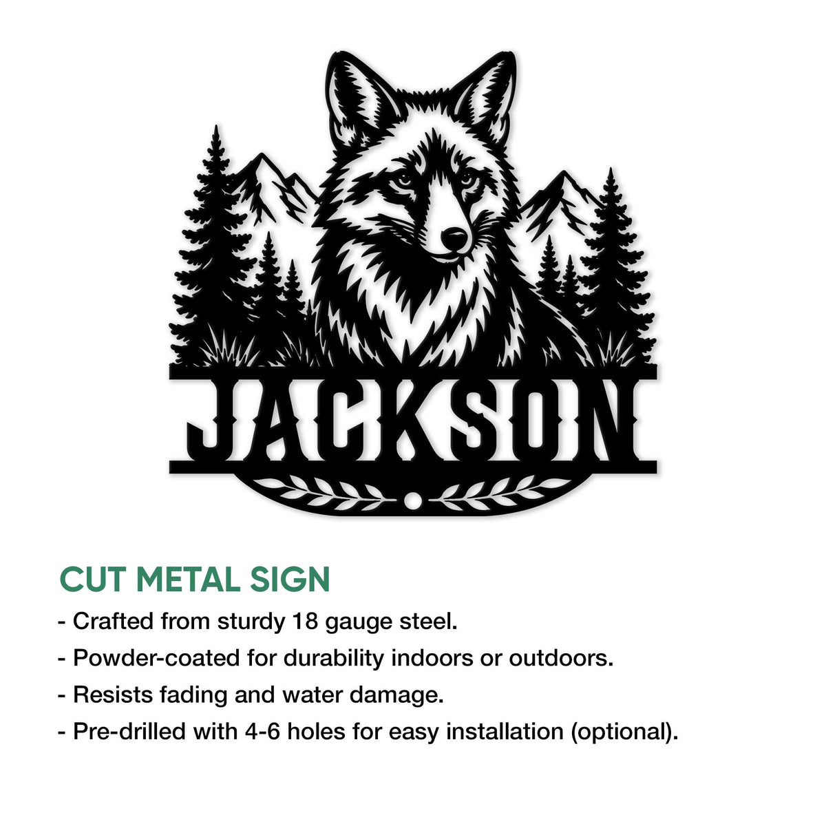 Fox metal sign shown with a detailed forest animal design and cut-metal sign features