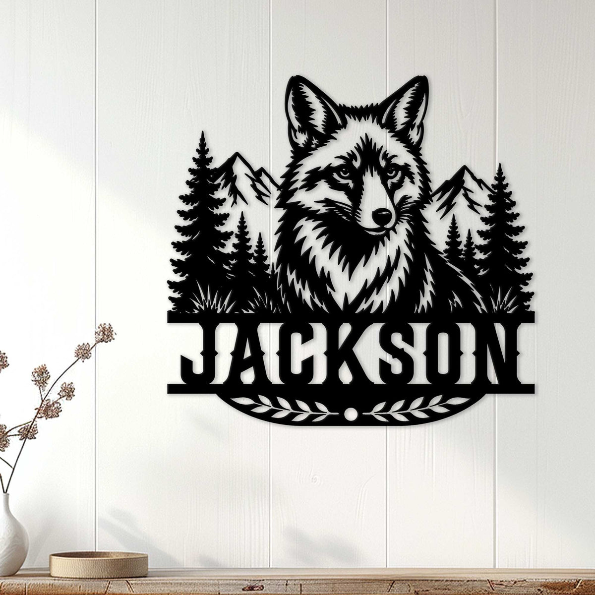 Fox wall decor displayed on a light wood-paneled wall in a cozy home setting