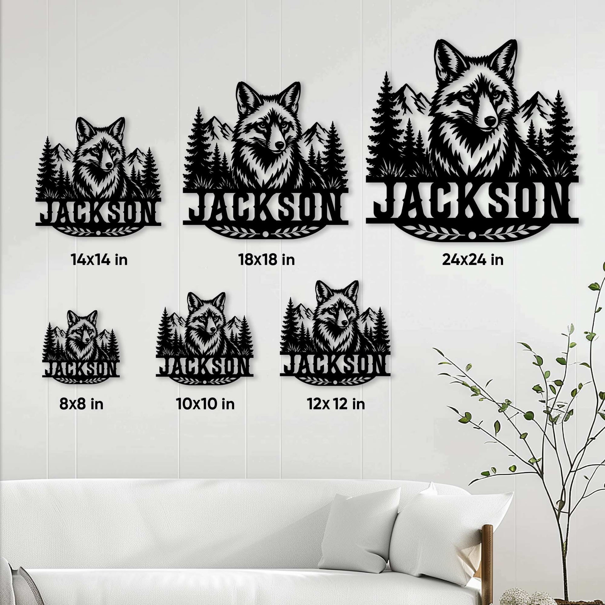 Fox metal sign size guide showing available square sizes from 8 by 8 to 24 by 24 inches