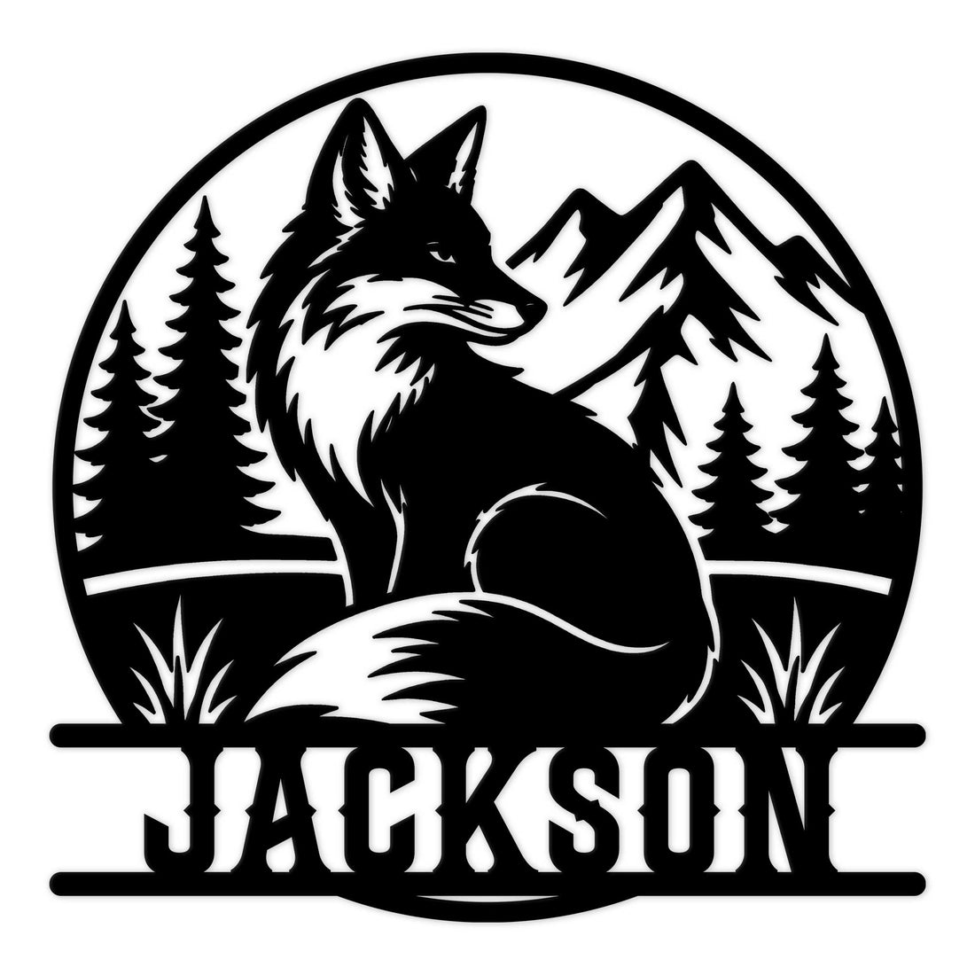 Black fox metal sign featuring a seated fox framed by evergreen trees and mountain peaks