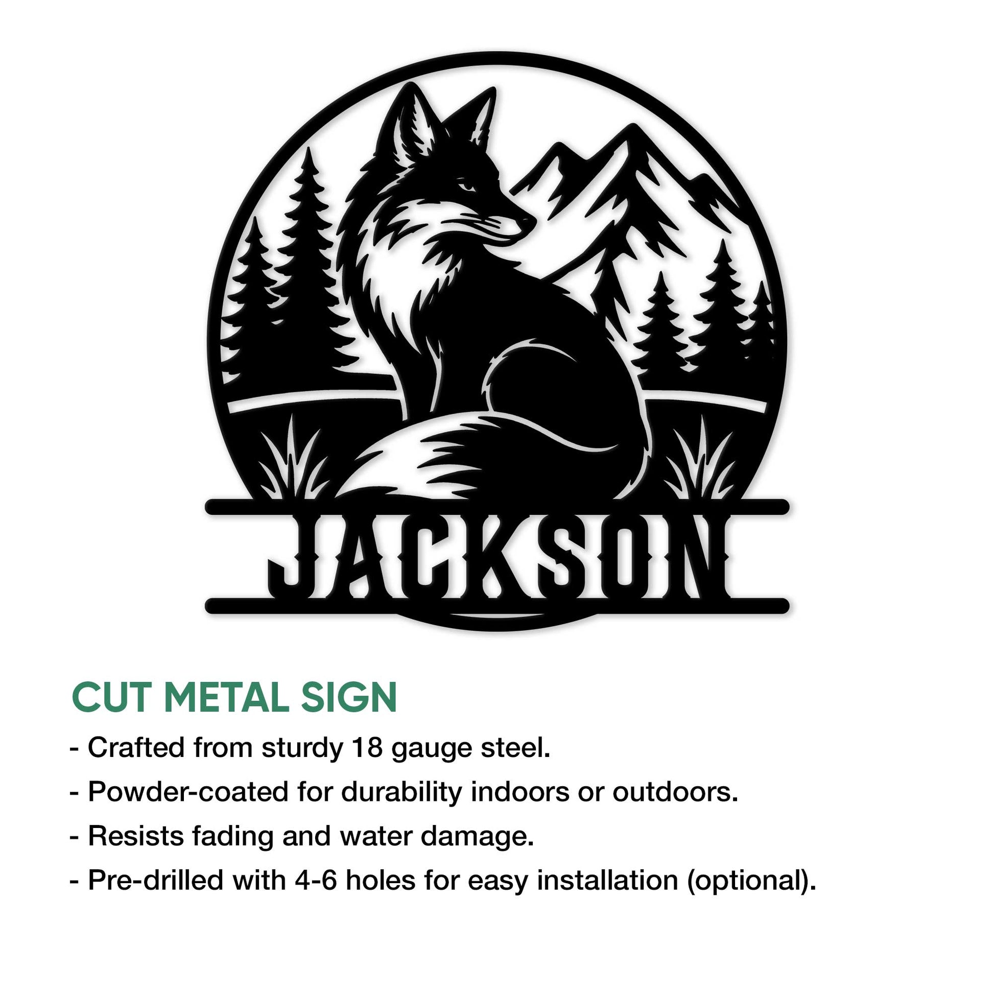 Fox metal sign feature guide showing the woodland wildlife design as a cut metal wall accent
