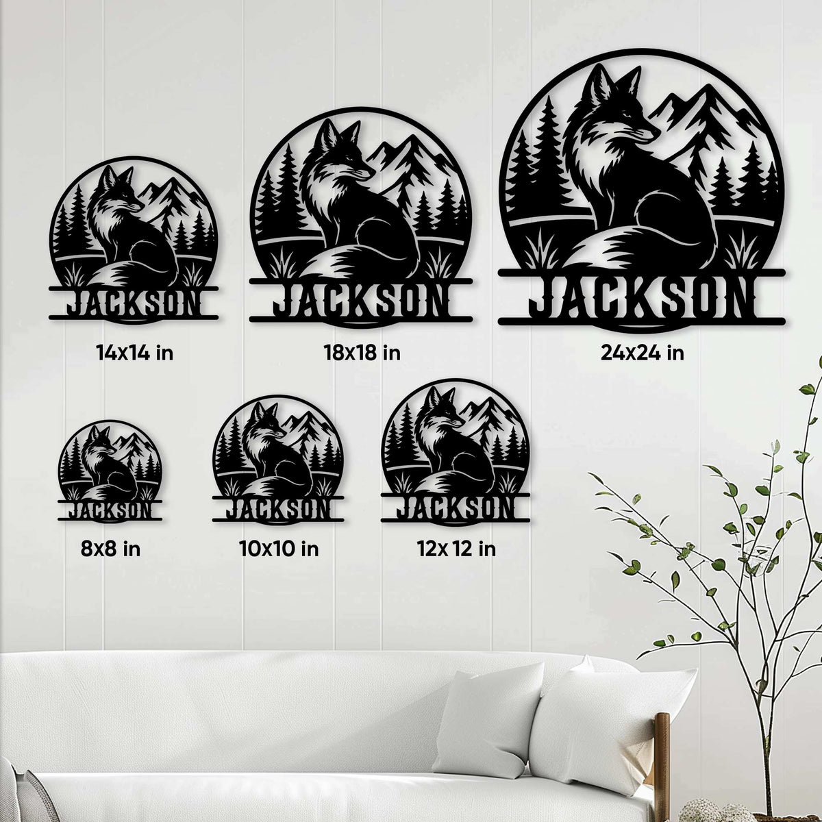 Fox metal sign size guide displaying six square size options from 8 by 8 to 24 by 24 inches