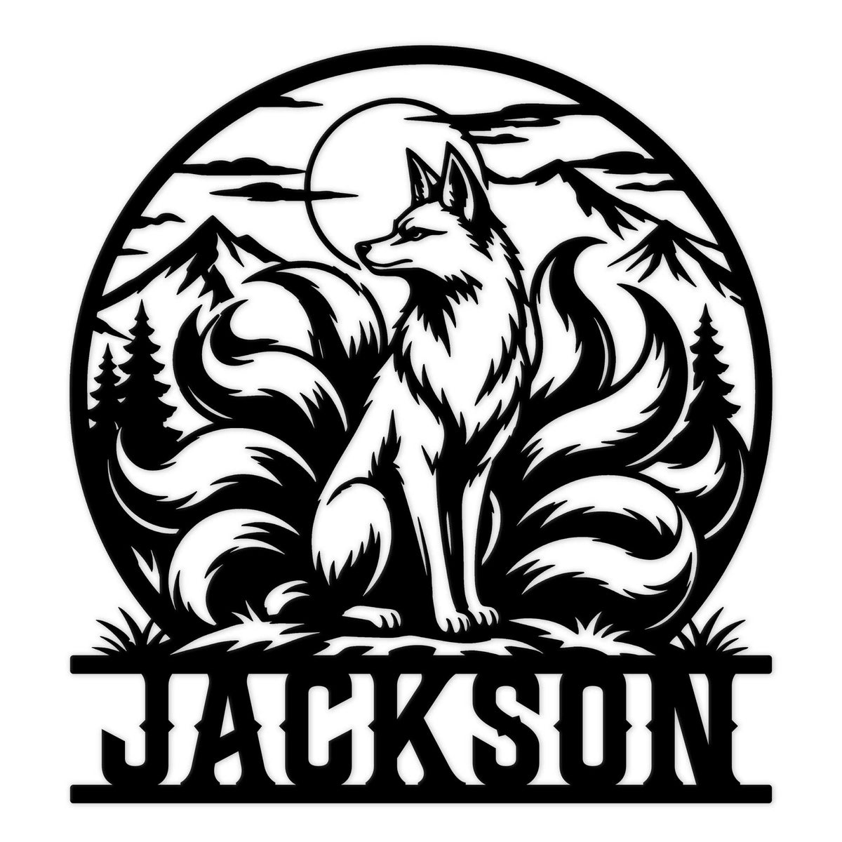 Custom fox metal sign featuring a detailed fox in a moonlit mountain and pine forest scene