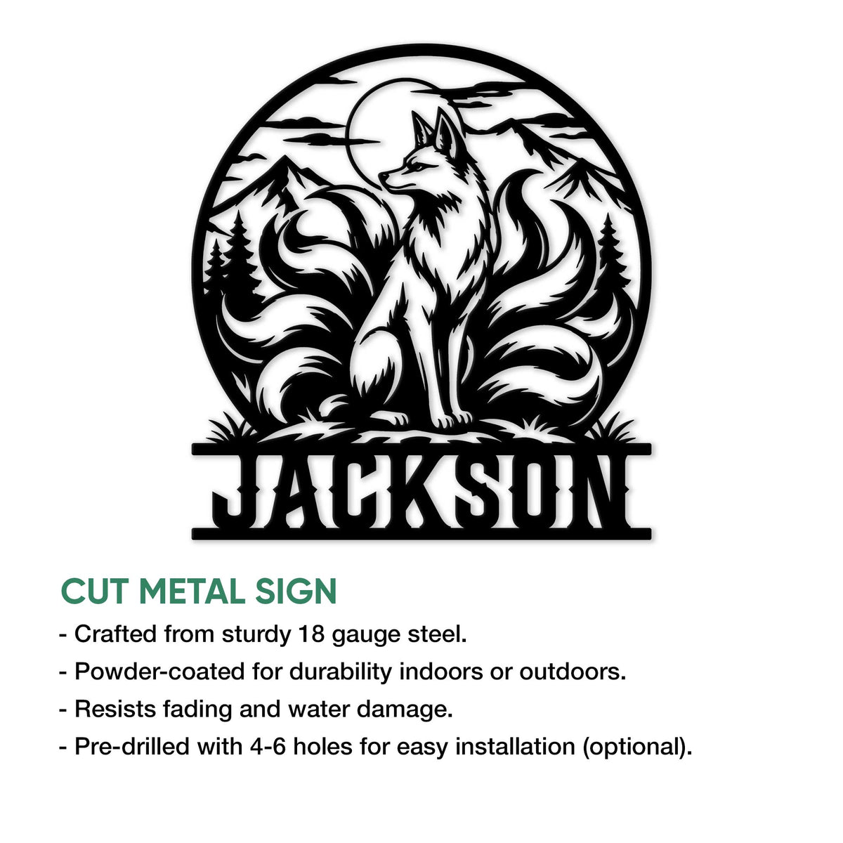 Fox metal sign feature graphic showing the woodland artwork and product presentation