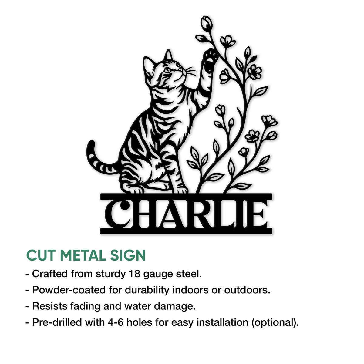Cut metal tabby cat sign featuring a playful cat reaching toward flowering branches