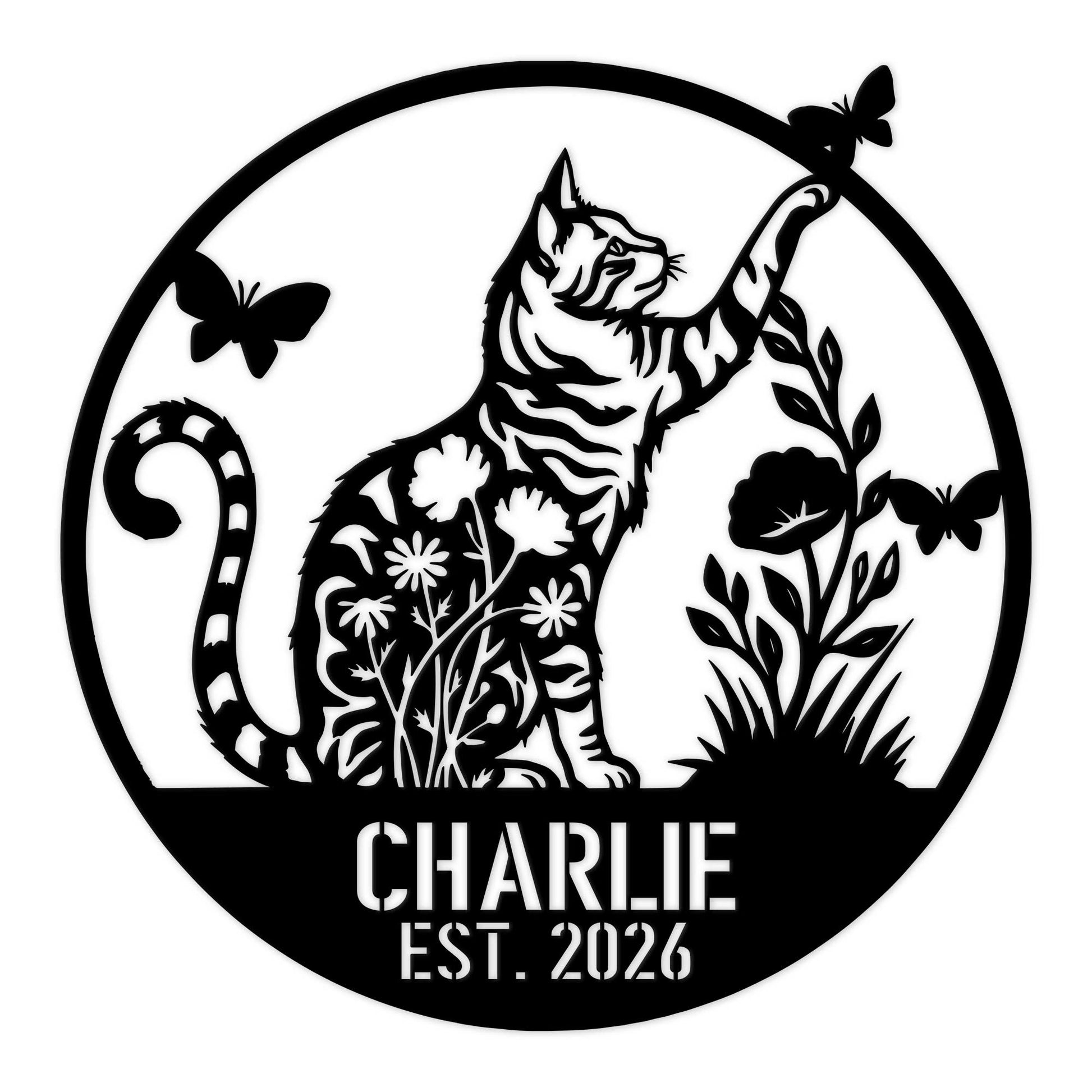 Custom tabby cat metal sign featuring a floral cat silhouette, butterflies, and botanical details