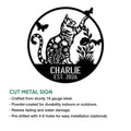 Tabby cat cut metal sign shown with product feature details and a circular botanical design