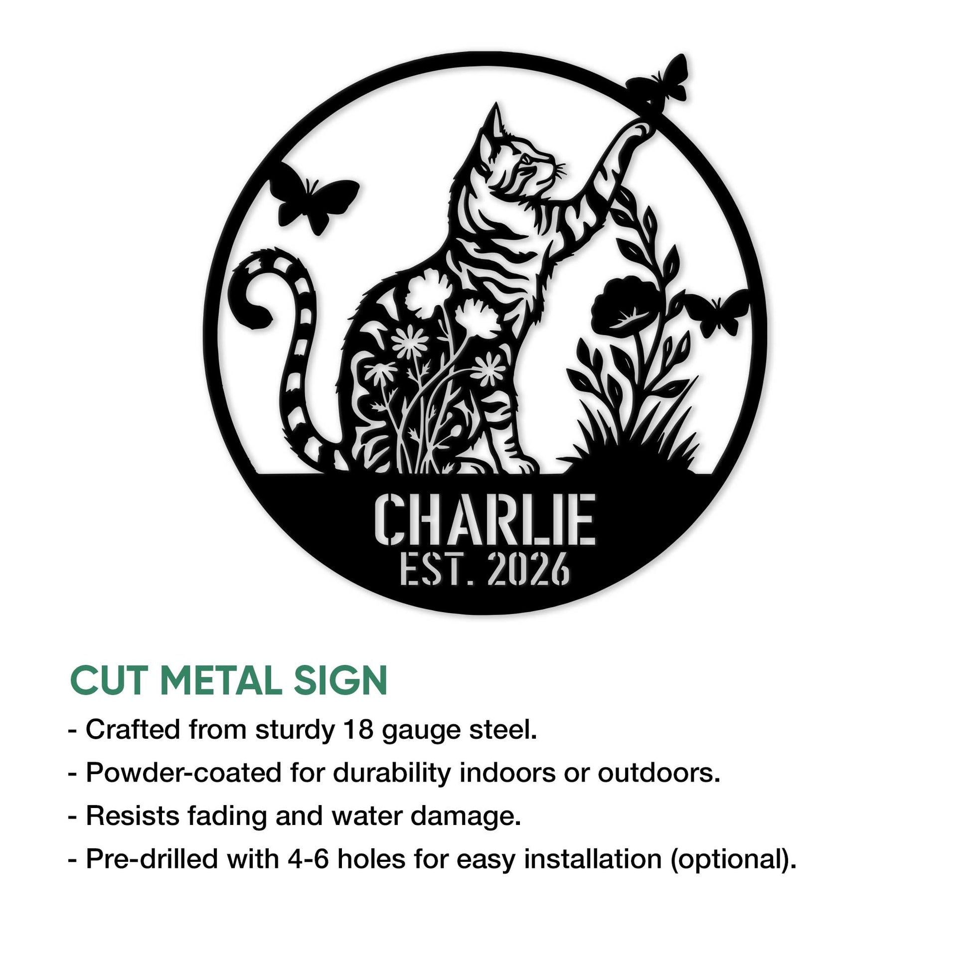 Tabby cat cut metal sign shown with product feature details and a circular botanical design