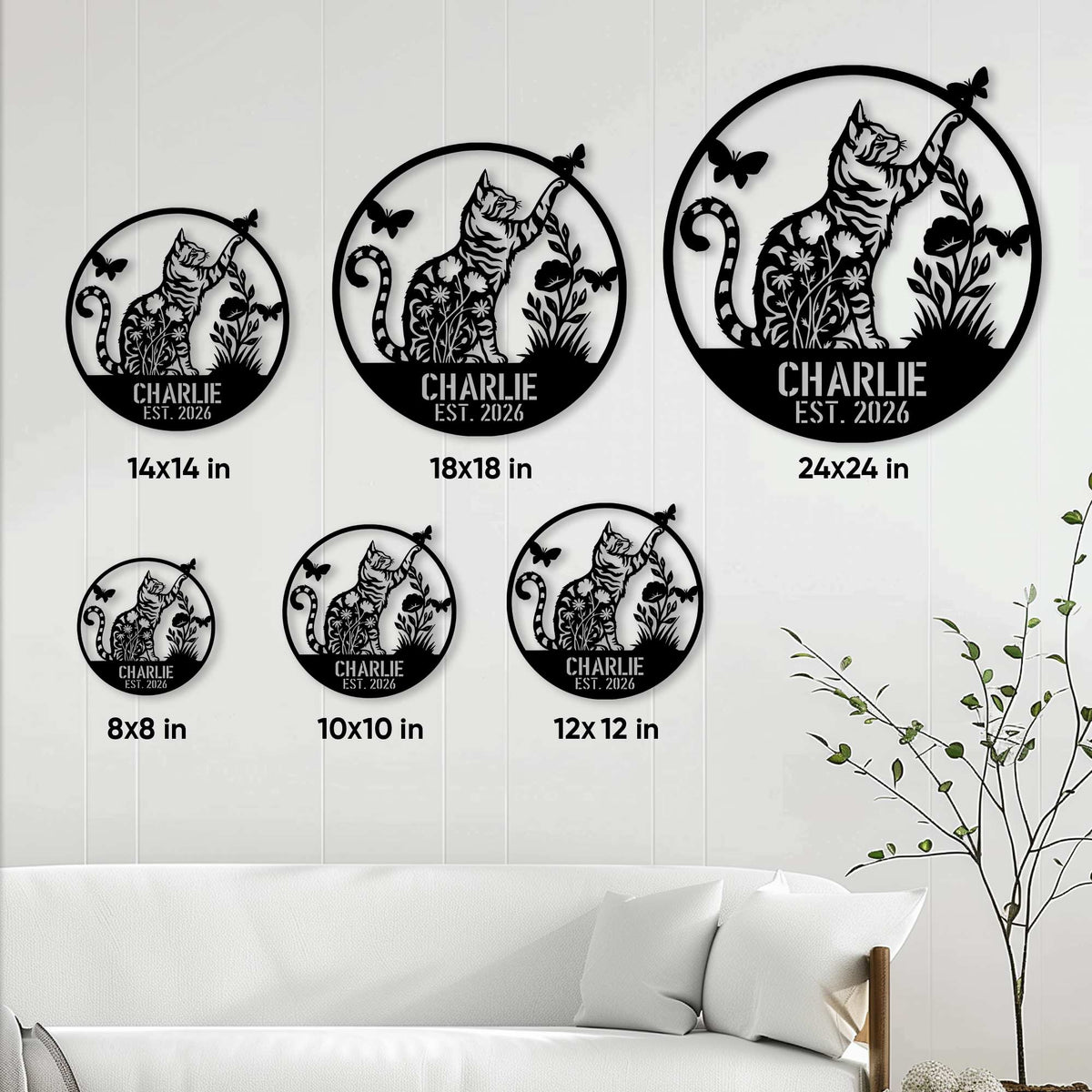 Tabby cat metal sign size guide showing round options from 8x8 inches to 24x24 inches