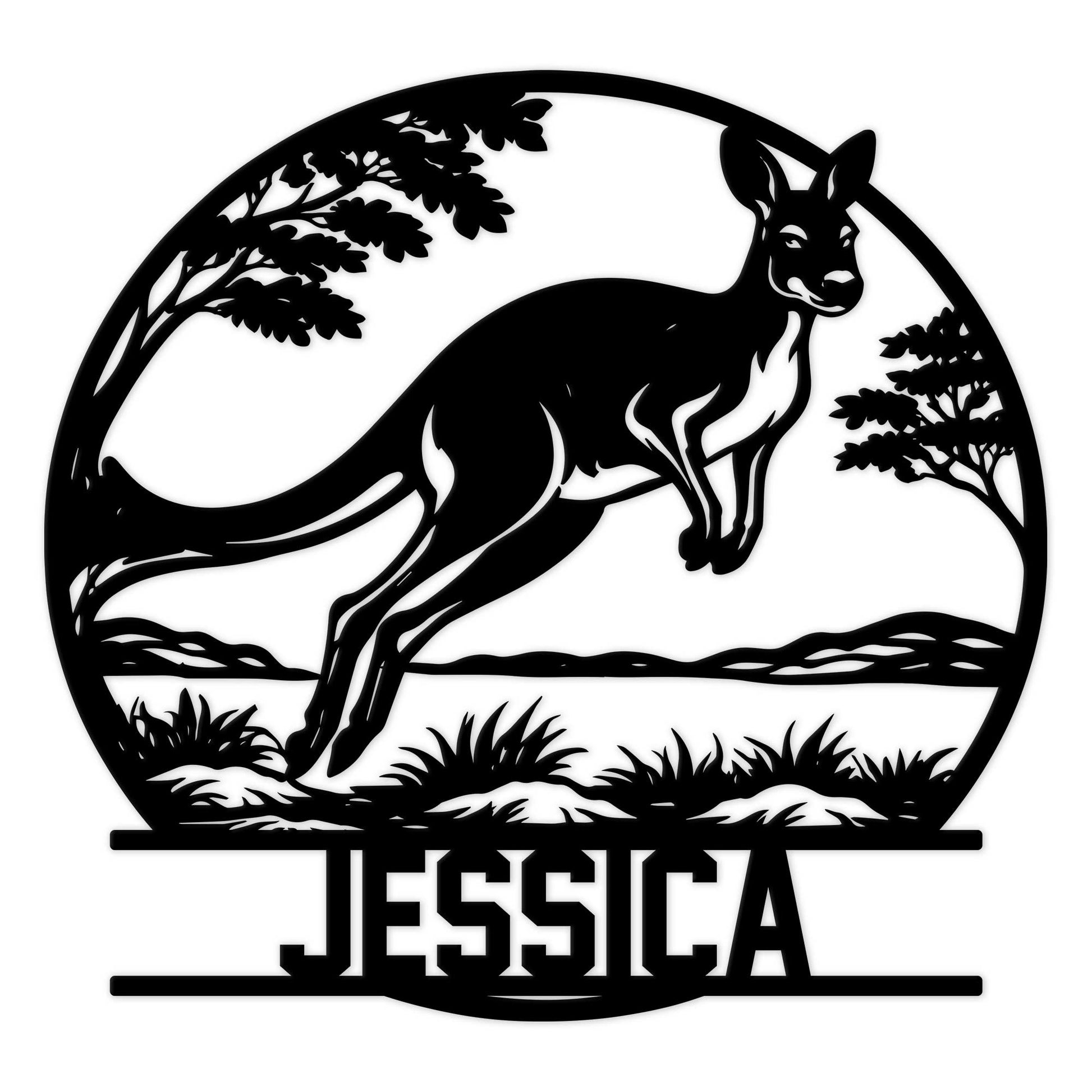 Black kangaroo silhouette metal sign framed by trees and grassland scenery for wildlife wall decor